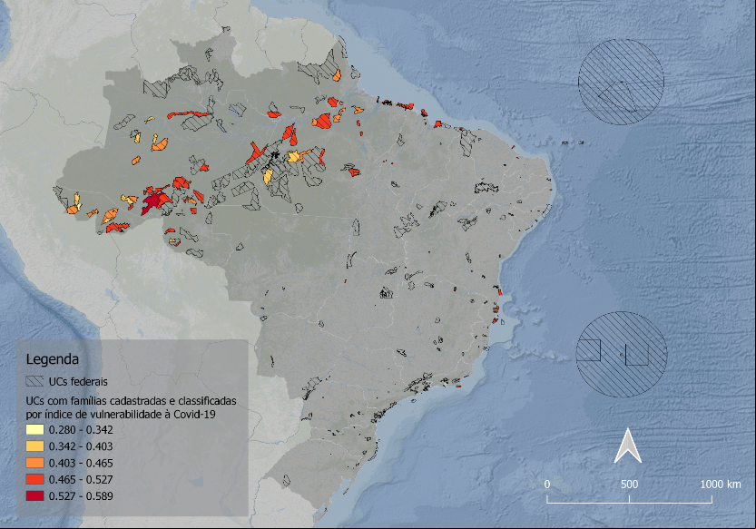 Figura I. Classes de vulnerabilidade à Covid-19 nas Unidades de Conservação Federais de uso sustentável com registro de famílias residentes pelo ICMBio em 2020.
